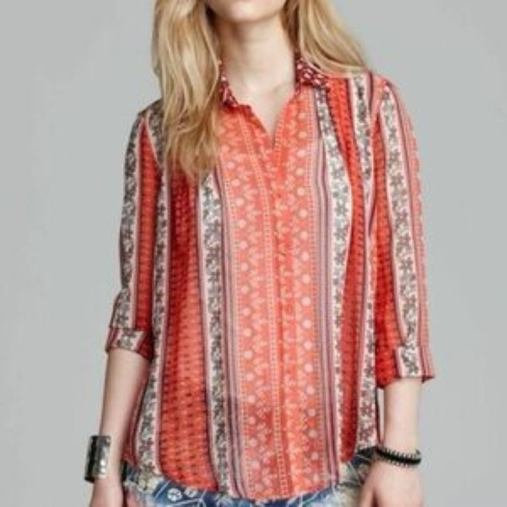 Free People - Moonlight Miles Coral Floral Patterned Button Down Sheer Top SM